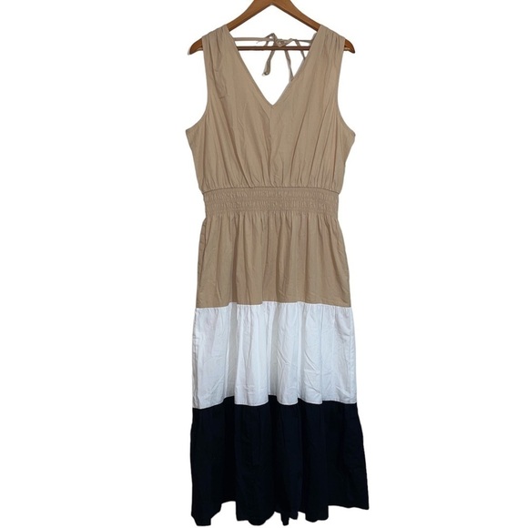 1. State Sleeveless Color BlockTiered Cotton Midi Dress XL Tan Black White - Picture 5 of 9